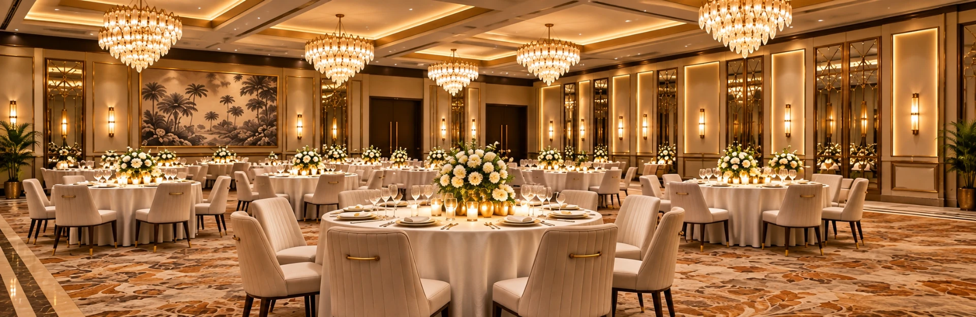 Elegant banquet hall with chandeliers set for a celebration
