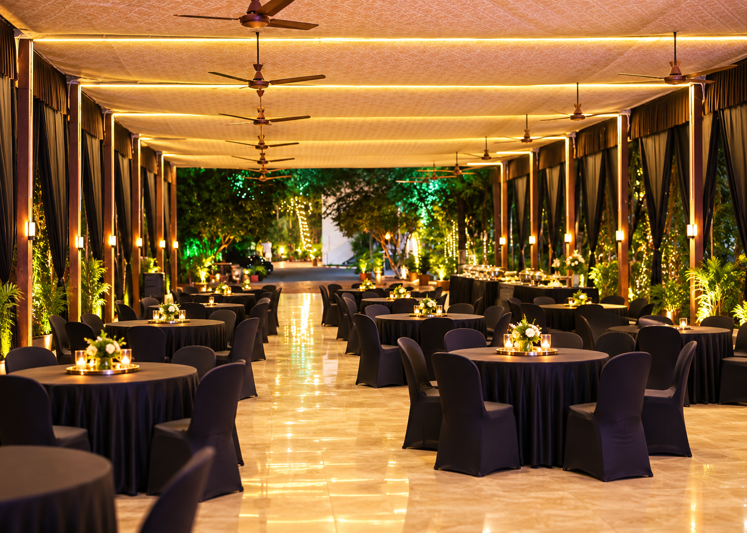 Grand banquet hall at Unwind Resort set for an evening function